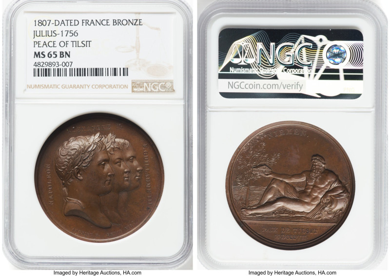 Napoleon bronze "Peace of Tilsit" Medal 1807-Dated MS65 Brown NGC, Julius-1756. ...