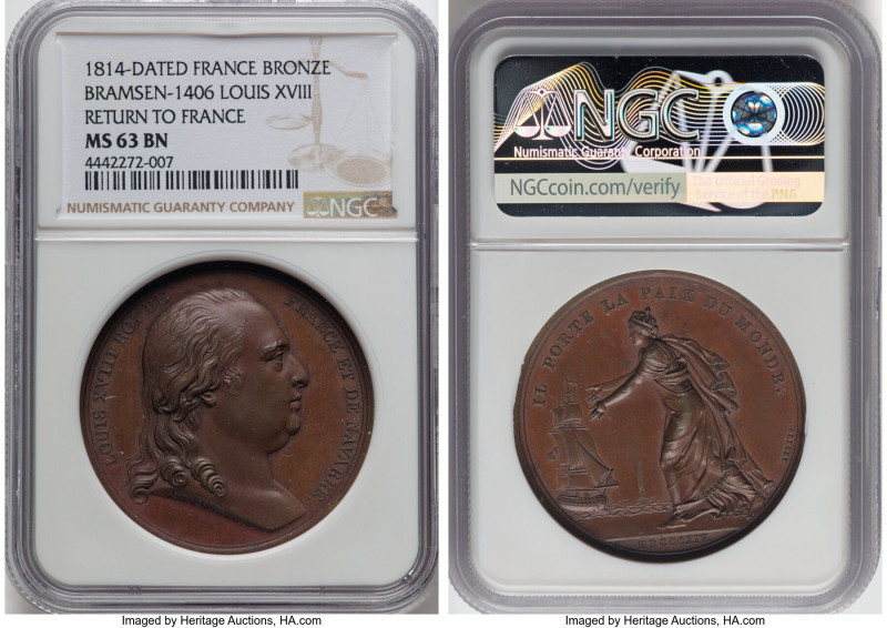 Louis XVIII bronze "Return to France" Medal 1814-Dated MS63 Brown NGC, Bramsen-1...