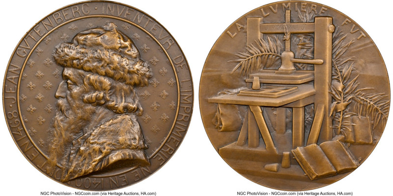 "Johannes Gutenberg" bronze Medal ND MS67 Brown NGC, By Deschamps. 75mm. Edge: C...