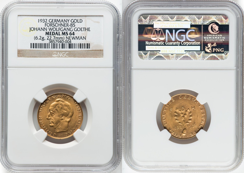 "Johann Wolfgang von Goethe" gold Medal 1932 MS64 NGC, Forschner-85. 22.7mm. 6.2...