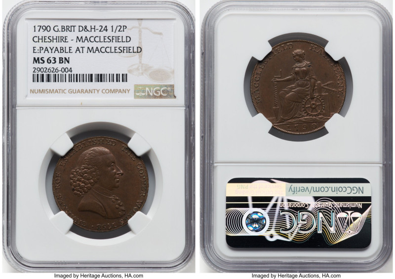 Cheshire. Macclesfield 1/2 Penny Token 1790 MS63 Brown NGC, D&H-24. Edge: PAYABL...