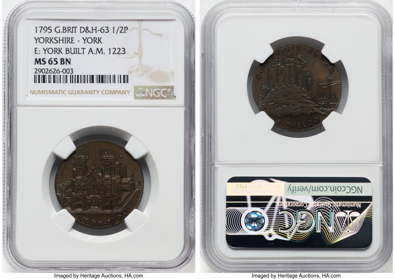 Yorkshire. York 1/2 Penny Token 1795 MS65 Brown NGC, D&H-63. Edge: YORK BUILT A....