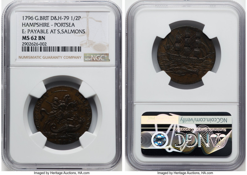 Hampshire. Portsea 1/2 Penny Token 1796 MS62 Brown NGC, D&H-79. Edge: PAYABLE AT...