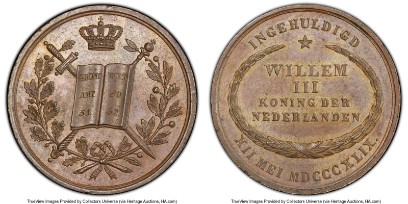 Willem III bronze Specimen "Inauguration" Medal 1849 SP64 Brown PCGS, Dirks-690....