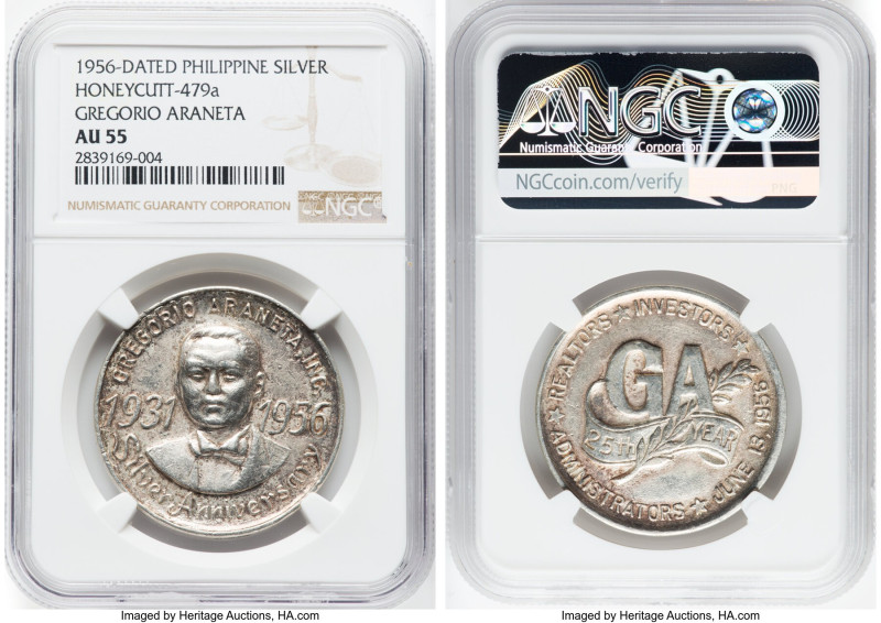 "Gregorio Araneta" silver Medal 1956-Dated AU55 NGC, Honeycutt-479a. 35.5mm. HID...