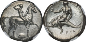 CALABRIA. Tarentum. Ca. 332-302 BC. AR stater or didrachm (20mm, 7.93 gm, 5h). NGC Choice AU 5/5 - 4/5, Fine Style. Sa- and Con-, magistrates. Nude ho...