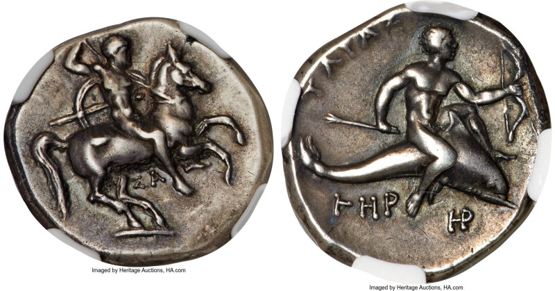 CALABRIA. Tarentum. Ca. 325-281 BC. AR stater or didrachm (22mm, 7.79 gm, 1h). N...