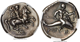 CALABRIA. Tarentum. Ca. 325-281 BC. AR stater or didrachm (22mm, 7.79 gm, 1h). NGC Choice VF 5/5 - 4/5, Fine Style. Sa-, Her- and Hr, magistrates. War...