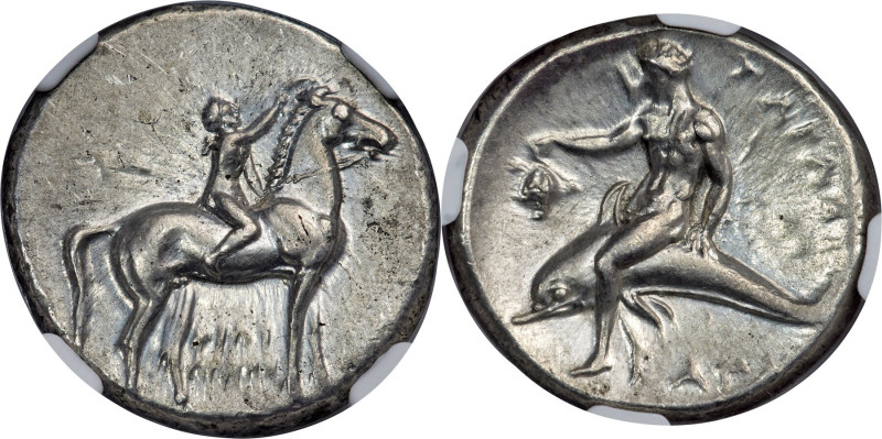 CALABRIA. Tarentum. Ca. 302-281 BC. AR didrachm (22mm, 7.88 gm, 4h). NGC Choice ...