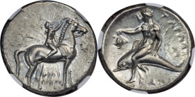 CALABRIA. Tarentum. Ca. 302-281 BC. AR didrachm (22mm, 7.88 gm, 4h). NGC Choice AU 5/5 - 4/5, Fine Style. Philiarchus, Sa- and Aga-, magistrates. Yout...