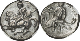 CALABRIA. Tarentum. Ca. 302-280 BC. AR didrachm (20mm, 7.72 gm, 9h). NGC Choice AU 4/5 - 5/5, Fine Style. Nikon and Ey-, magistrates. Nude warrior dis...