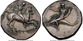 CALABRIA. Tarentum. Ca. 302-280 BC. AR didrachm (21mm, 7.87 gm, 6h). NGC Choice AU 5/5 - 4/5. Dakimos, magistrate. Warrior on horseback right, thrusti...