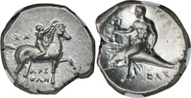 CALABRIA. Tarentum. Ca. 302-280 BC. AR didrachm (23mm, 7.91 gm, 10h). NGC Choice AU 5/5 - 3/5, Fine Style. Arethon, Sy- and Kas, magistrates. Nude you...