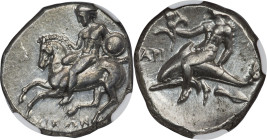 CALABRIA. Tarentum. Ca. 302-280 BC. AR didrachm (20mm, 7.84 gm, 5h). NGC Choice AU 4/5 - 4/5, Fine Style. Nikon, and Ey-, magistrates. Nude warrior di...