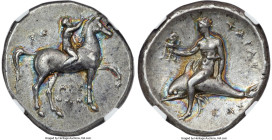 CALABRIA. Tarentum. Ca. 302-280 BC. AR didrachm (22mm, 7.88 gm, 12h). NGC Choice XF S 5/5 - 5/5. Arethon, Sa-, and Cas-, magistrates. Youth on horseba...