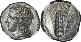 LUCANIA. Metapontum. Ca. 330-280 BC. AR stater (21mm, 7.88 gm, 3h). NGC Choice XF S 5/5 - 5/5. Atha-, magistrate. Head of Demeter left, wearing barley...