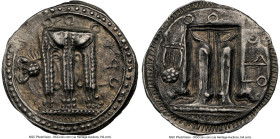 BRUTTIUM. Croton. Ca. 500-480 BC. AR stater (25mm, 7.83 gm, 12h). NGC Choice XF 4/5 - 4/5. ϘPO (retrograde), tripod with leonine feet on thick dotted ...