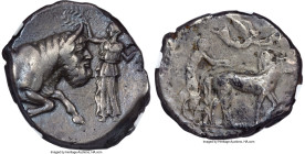 SICILY. Gela. Ca. 440-430 BC. AR tetradrachm (27mm, 16.38 gm, 4h). NGC VF 4/5 - 2/5, Fine Style. CEΛOION (retrograde), charioteer driving slow quadrig...