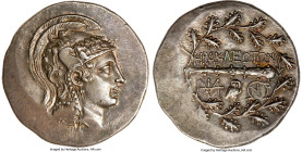 IONIA. Heraclea ad Latmun. Ca. 150-142 BC. AR tetradrachm (31mm, 16.96 gm, 9h). NGC Choice AU 4/5 - 5/5, Fine Style. Head of Athena right, wearing cre...