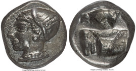 IONIA. Phocaea. Ca. late 6th-early 5th centuries BC. AR diobol (9mm, 1.31 gm). NGC AU S 5/5 - 4/5. Archaic-style female head left, wearing helmet or c...
