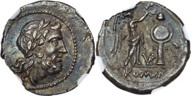 Anonymous (ca. 211-208 BC). AR victoriatus (18mm, 5h). NGC Choice AU, Fine Style. Rome. Laureate head of Jupiter right; dotted border / Victory standi...