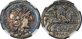 Q. Marcius Libo (ca. 148 BC). AR denarius (20mm, 3.69 gm, 6h). NGC Choice AU S 5/5 - 5/5. Rome. LIBO, head of Roma right, wearing winged Attic helmet ...