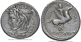 L. Cossutius C.f. Sabula (ca. 74/72 BC). AR denarius (19mm, 4.02 gm, 4h). NGC Choice VF S 5/5 - 5/5. Rome. SABVLA, head of Medusa left, wearing winged...