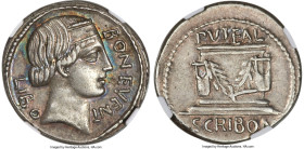 L. Scribonius Libo (ca. 62 BC). AR denarius (19mm, 3.91 gm, 5h). NGC Choice XF S 5/5 - 5/5. Rome. Head of Bonus Eventus right, LIBO (downwards) behind...