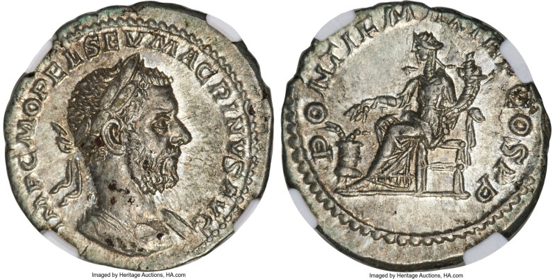 Macrinus (AD 217-218). AR denarius (20mm, 3.43 gm, 12h). NGC Choice AU 5/5 - 4/5...