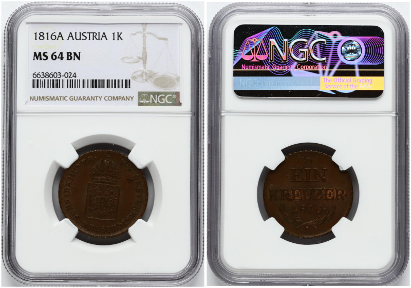 Austria. Franz I (1804-1835). Kreuzer 1816 A. Copper. KM-2113. NGC MS 64 BN.