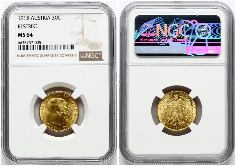 Austria. Franz Joseph I (1848-1916). 20 Corona 1915 Restrike. Gold 3.77 g. KM-28...