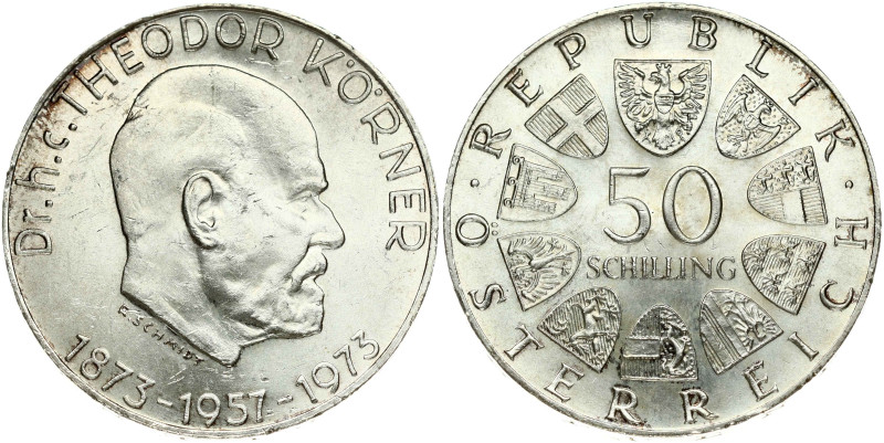 Austria. 50 Schilling 1973 Thedor Koerner 100 years. Silver 20.06 g. KM 2917.