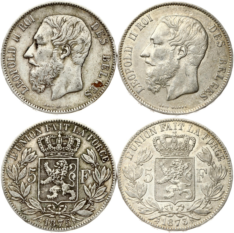 Belgium. Leopold II (1865-1909). 5 Francs 1873 & 1875. Silver total weight 49.74...