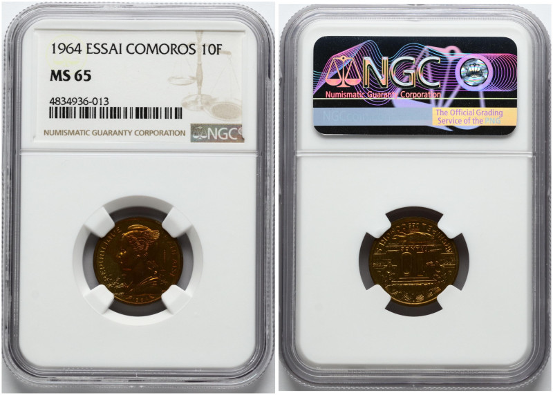 Comoro Islands. 10 Francs 1964 Essai. Aluminium bronze. Mintage 1700 pcs. KM-E4,...