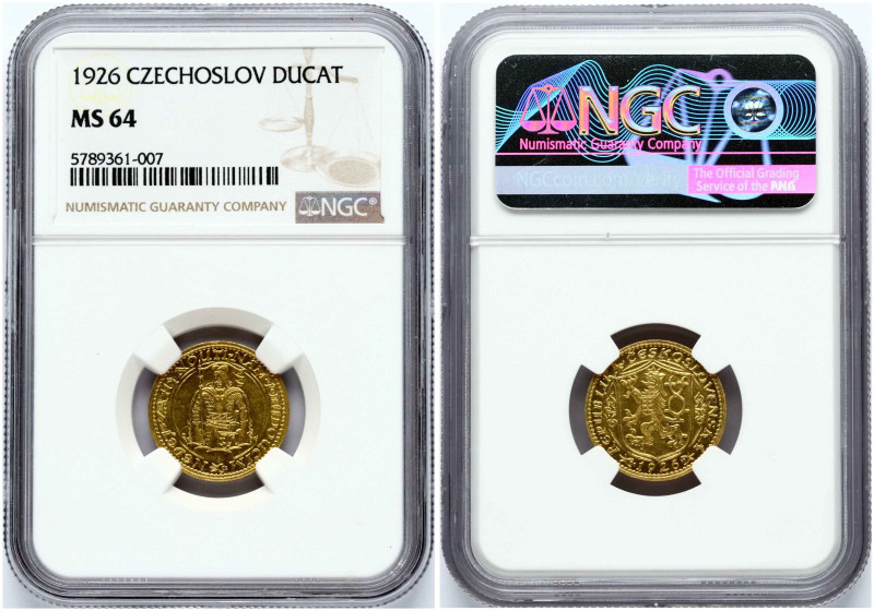 Czechoslovakia 1 Dukat 1926. Gold .986, 3.49 g. KM-8, F- 2. NGC MS 64