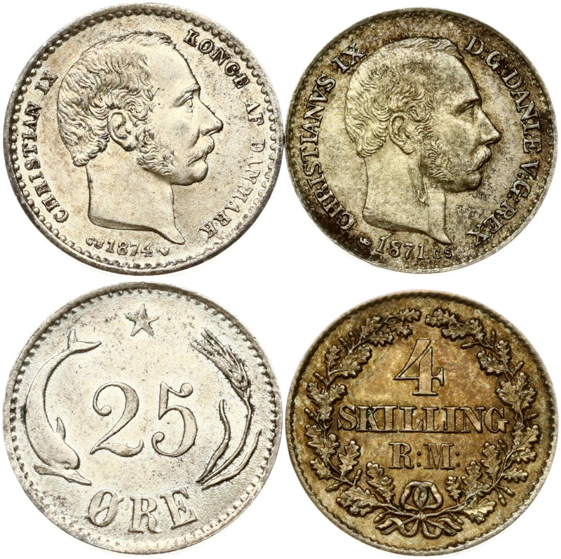 Denmark. Christian IX (1863-1906). 4 Skilling 1871 CS & 25 Ore 1874 CS. Silver t...