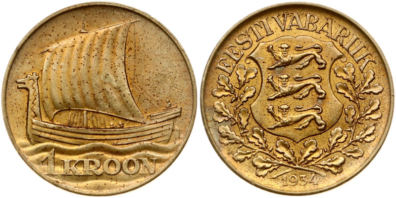 Estonia. 1 Kroon 1934. Aluminium bronze 6.05 g. KM-16, Kaupo Lann-23.