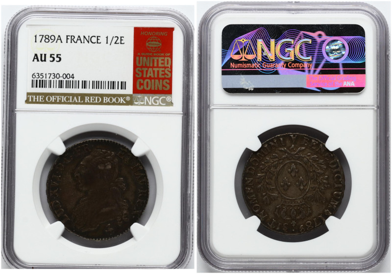 France. Louis XVI (1774-1792). 1/2 Ecu 1789 A, Paris. Silver. KM-562.1. NGC AU 5...