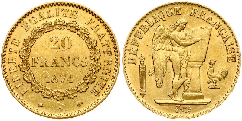 France. 20 Francs 1874 A. Gold 6.42 g. Fr. 592; KM-825.