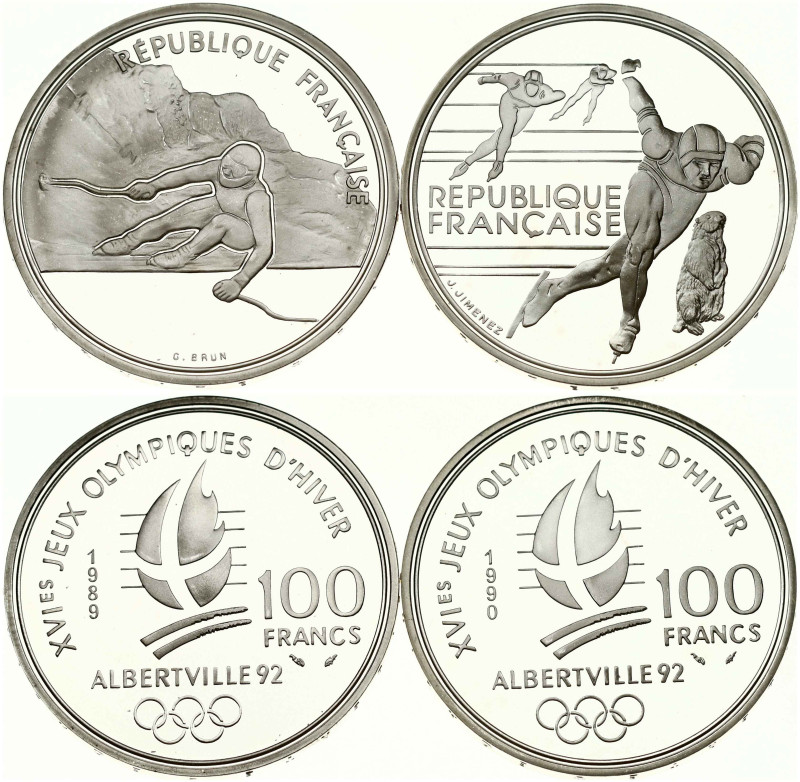 France. 100 Francs 1989 Alpine Skiing & 1990 Speed Skating. Albertville Olympics...