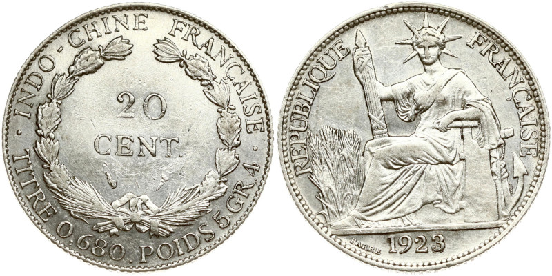 French Indochina. 20 Cents 1923 A. Silver 5.41 g. KM-17.1.