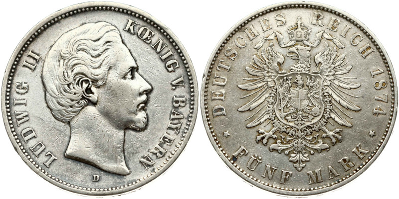 Germany, Bavaria. Ludwig II (1864-1886). 5 Mark 1874 D. Silver 27.62 g. KM-896.