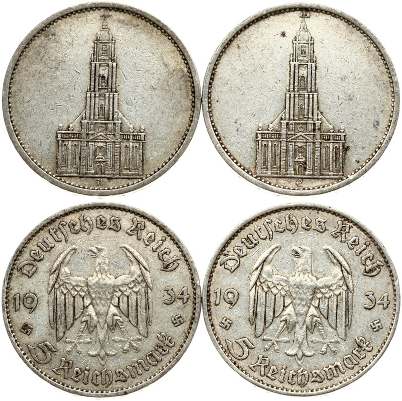 Germany, Third Reich. 5 Reichsmark 1934 A & 1934 E Potsdam Garrison Church. Silv...