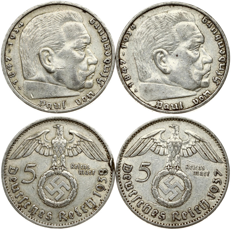 Germany, Third Reich. 5 Reichsmark 1937 A & 1938 A Hindenburg. Silver total 27.6...