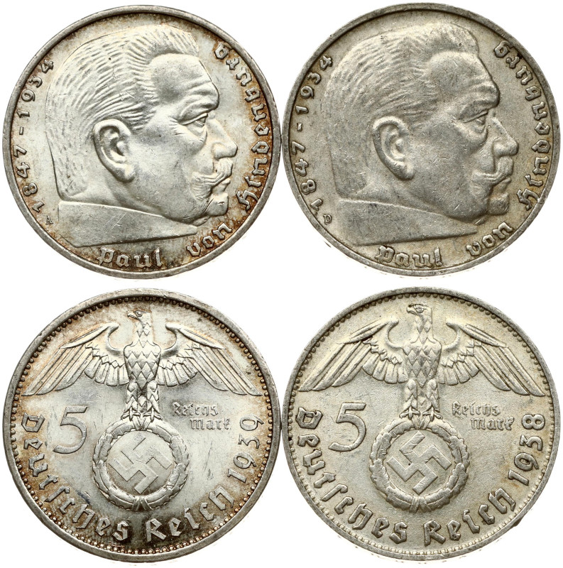 Germany, Third Reich. 5 Reichsmark 1938 D & 1939 A Hindenburg. Silver total 27.6...