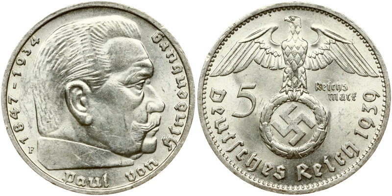 Germany, Third Reich. 5 Reichsmark 1939 F Paul von Hindenburg. Silver 13.77 g. K...