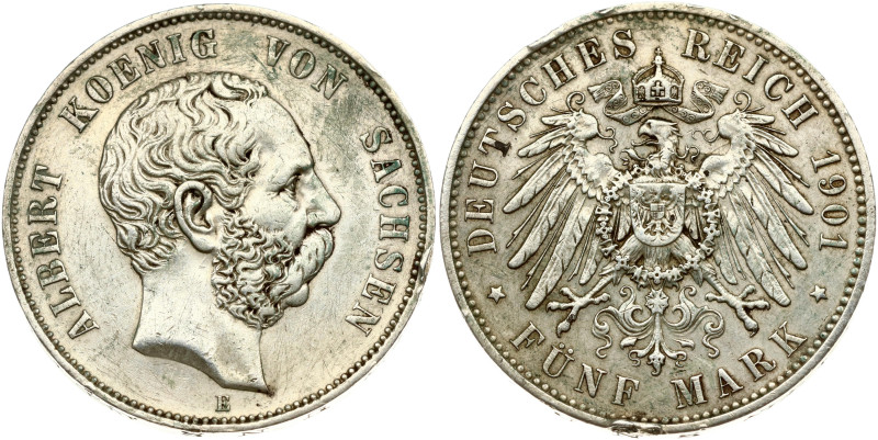 Germany, Saxony. Albrecht I (1873-1902). 5 Mark 1901 E. Silver 27.63 g. Edge den...