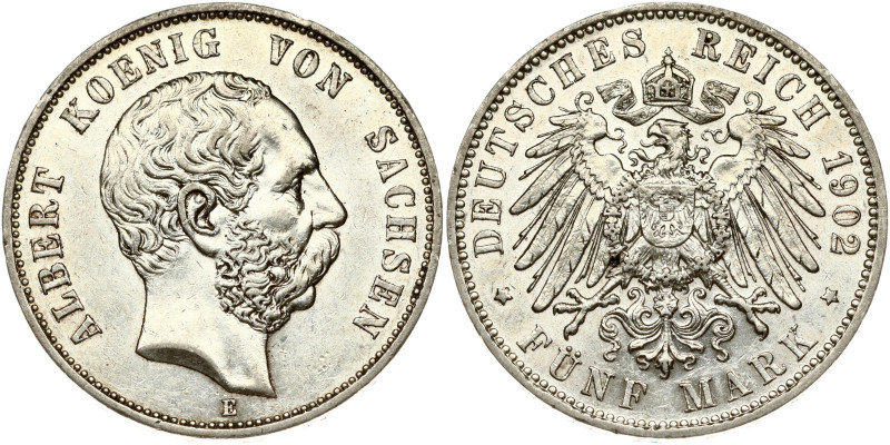 Germany, Saxony. Albrecht I (1873-1902). 5 Mark 1902 E. Silver 27.62 g. KM-1246,...