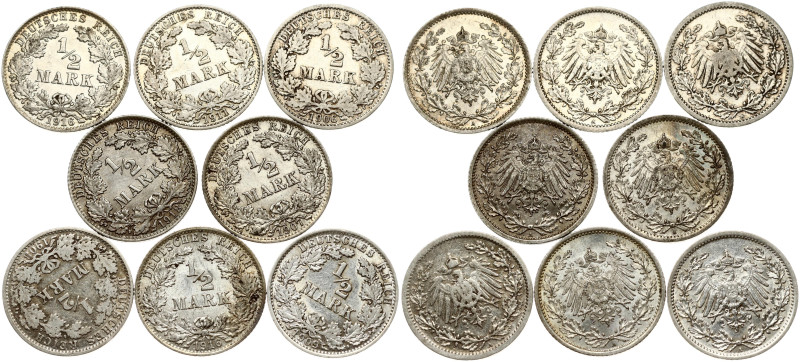 Germany, Empire. Wilhelm II (1888-1918). 1/2 Mark 1906 A, 1907 A, 1908 A, 1909 A...