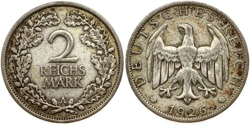 Germany, Weimar Republic. 2 Reichsmark 1926 A. Silver 9.82 g. KM-45.